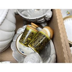 Doulton Lambeth Slaters vase of baluster form decorated with flowers, Chinese ginger jar in the form of a pumpkin, three Le Creuset red ramekins, Hornsea, Paragon Athena pattern tea wares, jardinière and other ceramics in two boxes 