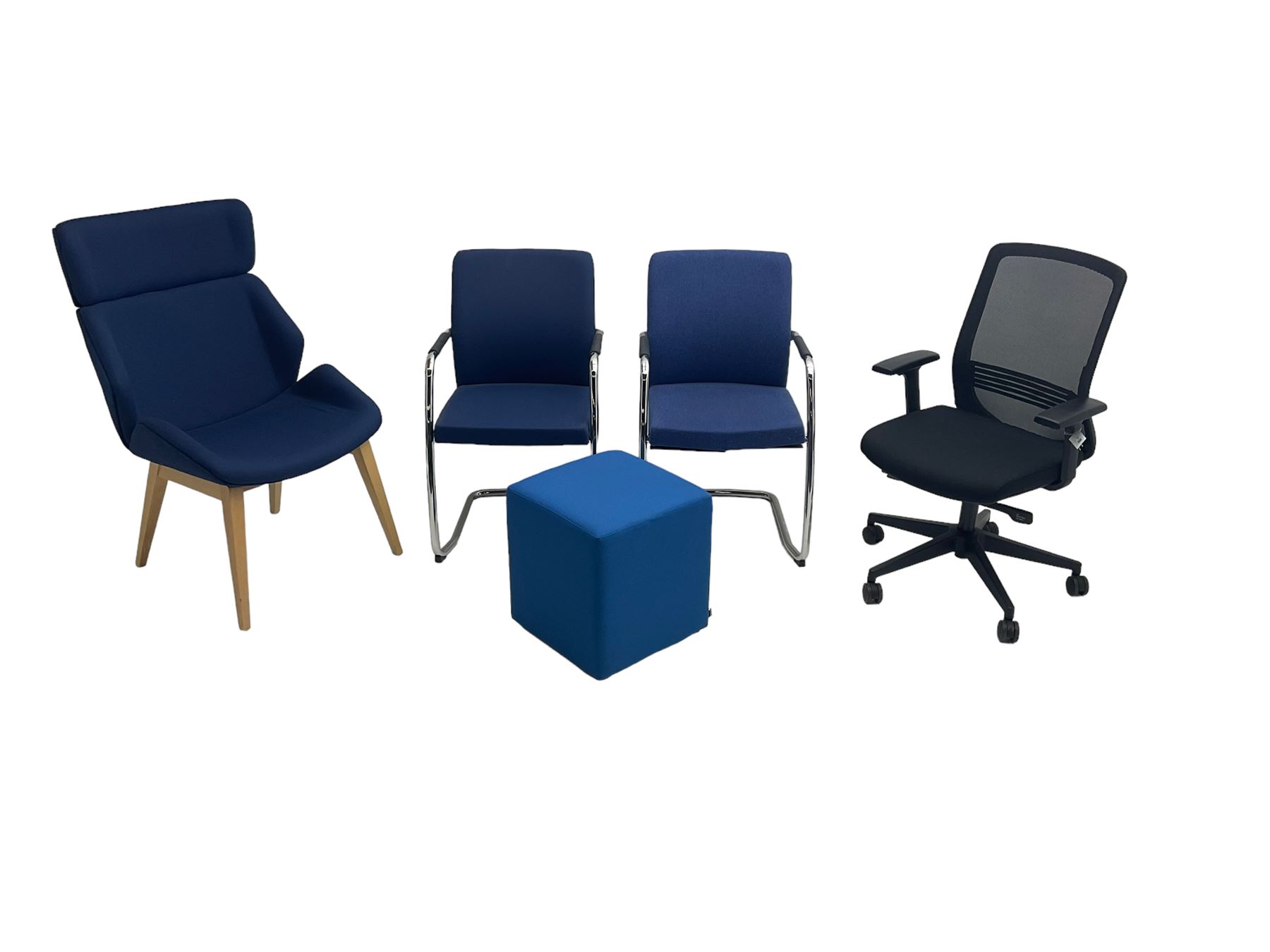 Elite - black office swivel chair (W61cm H98cm); together with Elite - pair office armchairs and high back office chair, upholstered in navy blue; and office cube