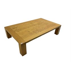Large pippy oak rectangular coffee table, square block leg, retailed by Chapmans of Newcastle