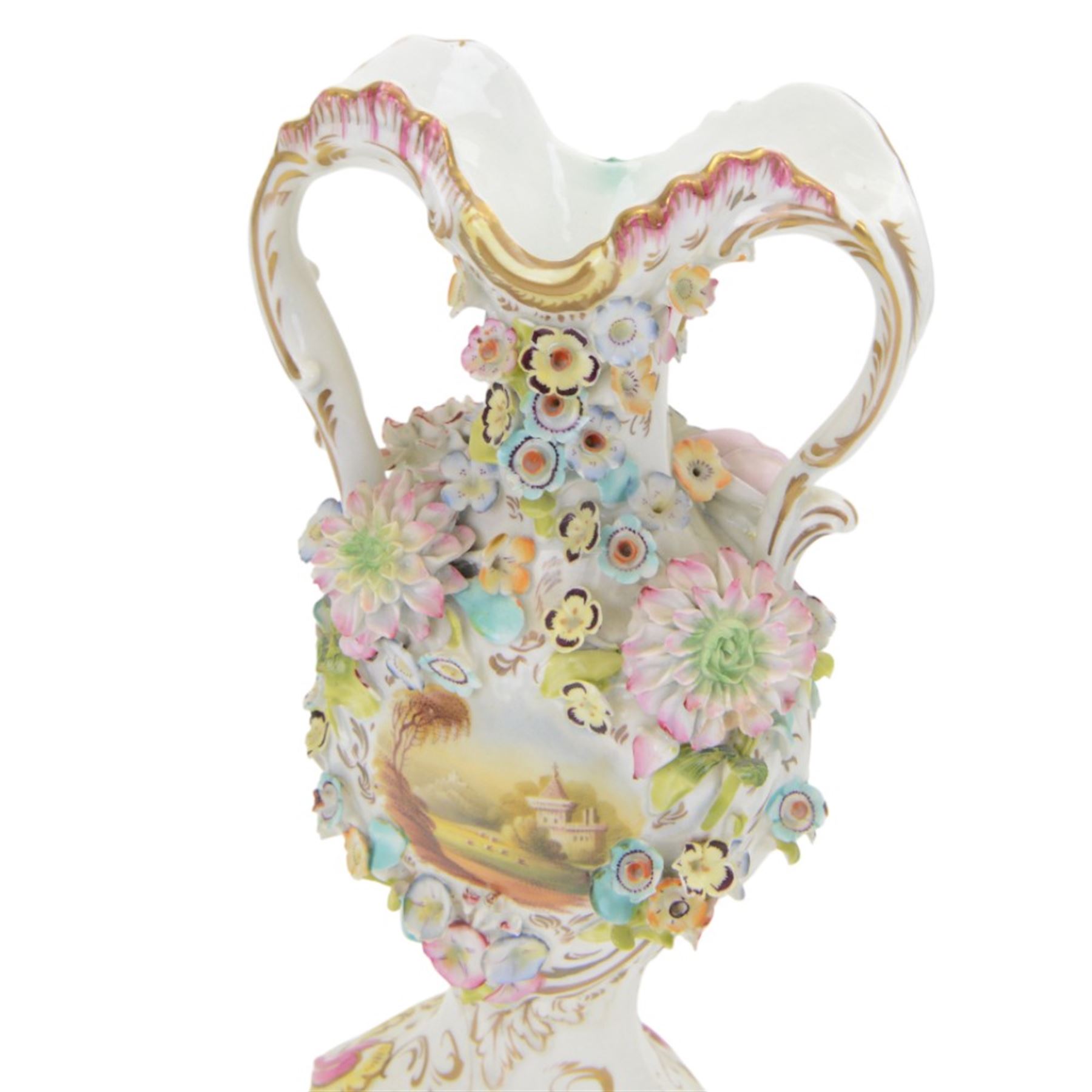 Near pair of Coalbrookdale style vases, of urnular twin handled form, painted with landscape scene and encrusted with blossoming flowers, tallest H29.5cm, together with a smaller Coalbrookdale style twin handled vase profusely encrusted with blossoming flowers, H22cm