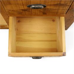Indigo Furniture - large rustic oak cupboard with faux-drawer fronted cupboard, rectangular top above a cupboard door to the left with latch, a bank of four drawers to the right, metal cup handles raised on shaped supports
