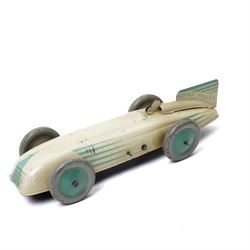 Chad Valley Harborne tin plate and clockwork racing car, cream and green with matching green hubs, length 20cm