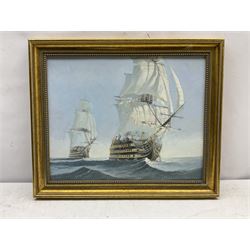 Brian Stone (20th century): HMS Victory and HMS Temeraire at Sea, oil on board signed, titled and dated 12.6.02, 39cm x 49cm