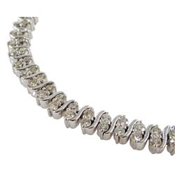 18ct white gold diamond bracelet, two rows of round brilliant cut diamond with an S link between each pair, stamped 750, total diamond weight approx  3.25 carat