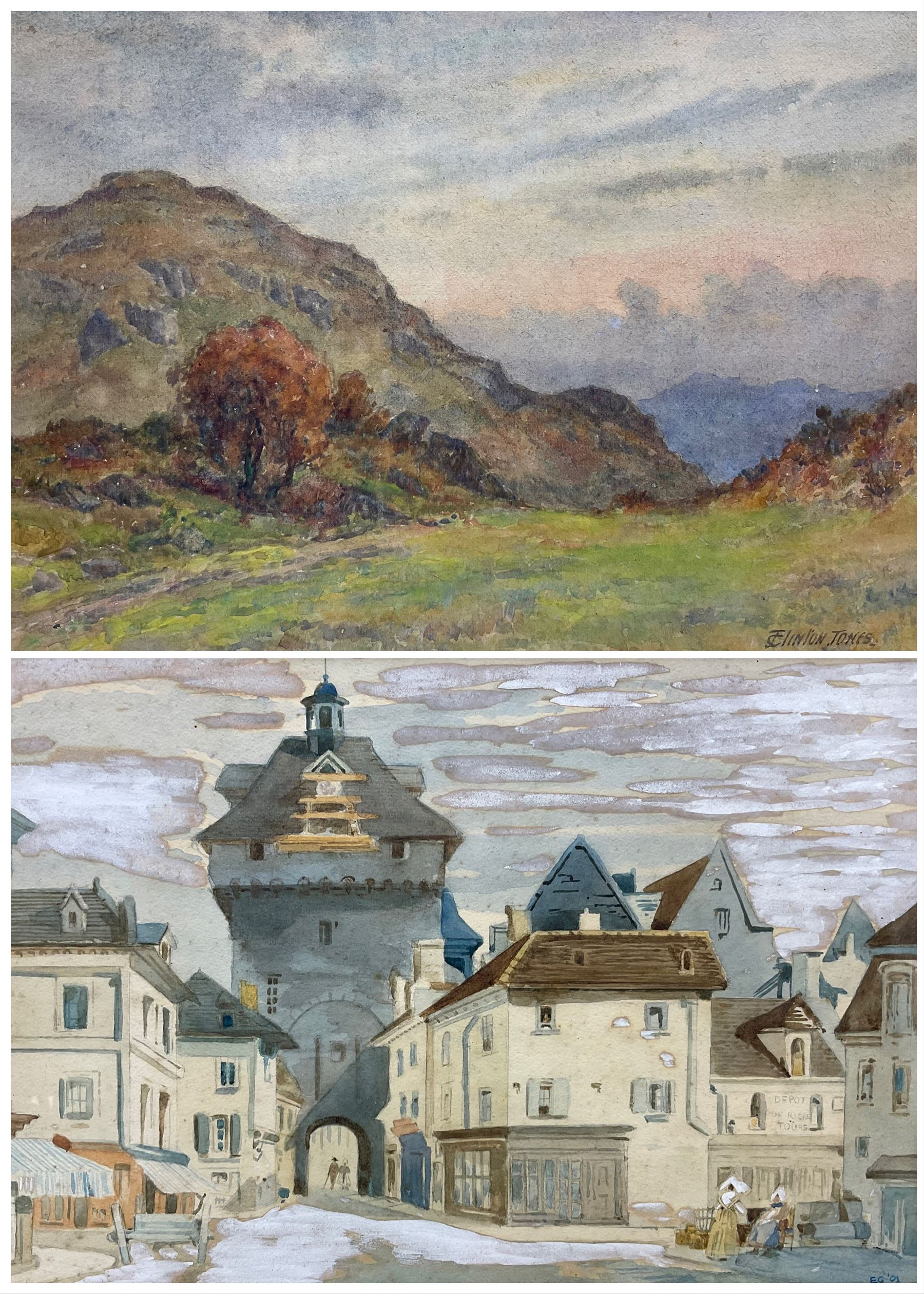 Josiah Clinton Jones (British 1848-1936): Hilly Landscape, watercolour signed; EG (Continental 19th/20th century): Continental Marketplace, watercolour signed and dated '01 max 25cm x 37cm (2)