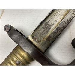 French Model 1866 Chassepot bayonet with 57cm curving fullered steel blade dated 1873 No.L63963; in steel scabbard with conforming number L71.5cm overall; and French St. Etienne Gras bayonet dated 1878 No.K10674 in steel scabbard numbered 79437 (2)