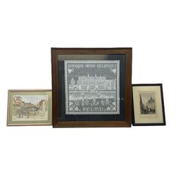 Framed lacework panel entitled 'Muckross House Killarney Ireland'; Mongolian watercolour of beasts in a landscape; and two framed prints (4)