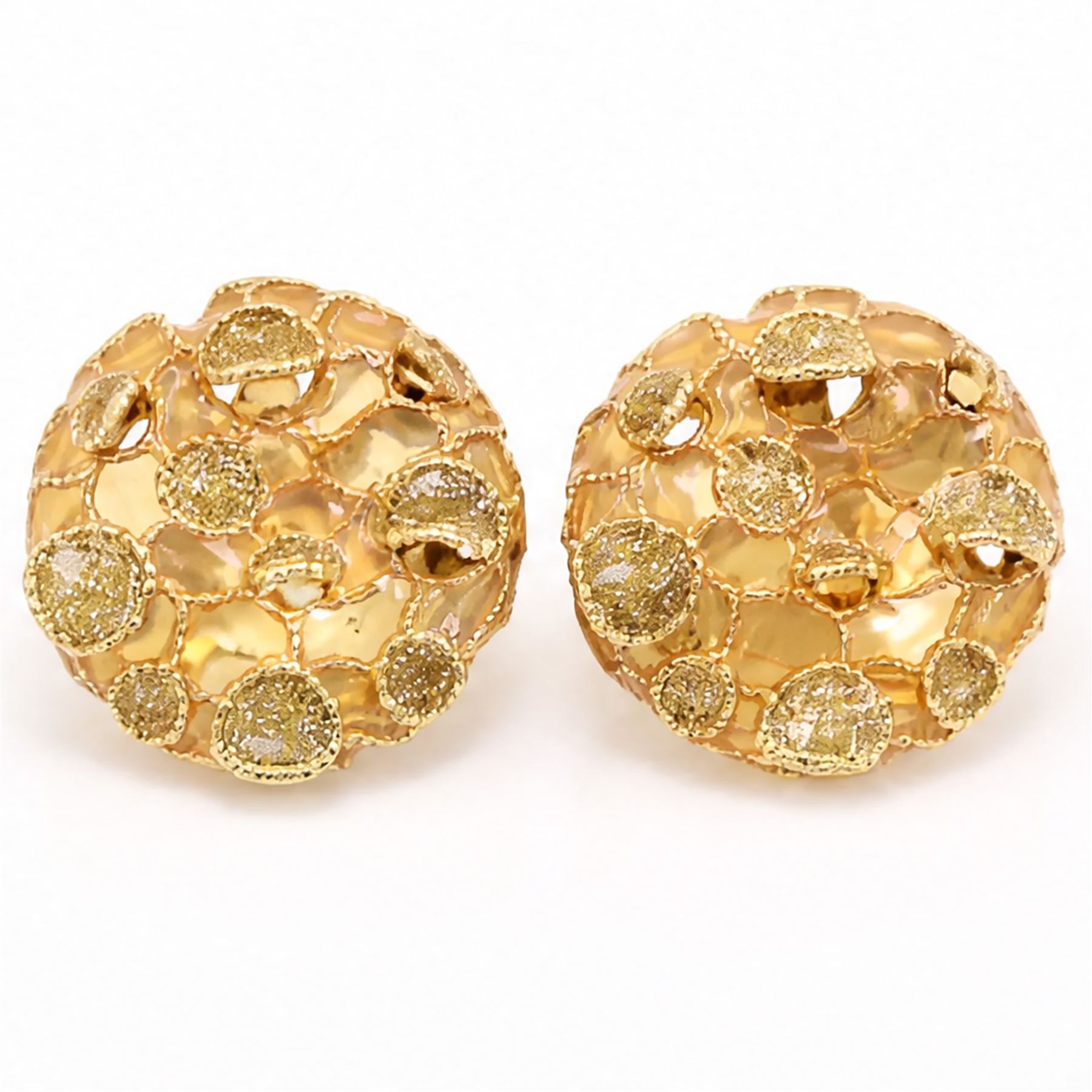 Pair of 18ct gold plique-à-jour earrings, each circular stud with yellow and gold glitter plique-à-jour decoration, some raised within a beaded and rope twist framework, stamped 750