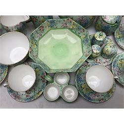 Shelley Melody pattern tea service for six, to include teapot, teapot stand, hot water jug, milk jug, covered sucrier, teacups and saucers, cake plates etc (31)