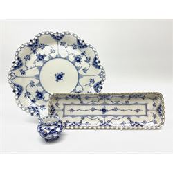 Three pieces of Royal Copenhagen blue fluted lace, comprising 
plate D25cm, rectangular tray with pierced rim heightened in gilt, L27cm, and miniature vase, H4.5cm.