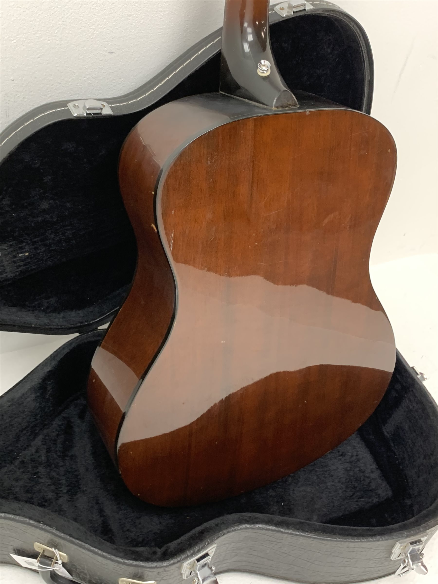 Rare Gibson Mk 35 acoustic guitar with mahogany back and sides, rosewood fingerboard, spruce top, fan-patterned bracing, nickel plated hardware and dot inlays, serial number 859651 in carrying case 