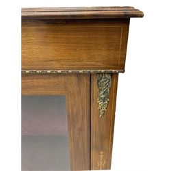 Victorian walnut pier cabinet, moulded rectangular top over inlaid frieze, decorated with gilt metal mounts and beading, the glazed single door flanked by inlaid uprights, on moulded plinth base