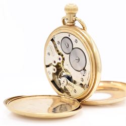 Early 20th century 9ct gold half hunter keyless lever pocket watch by Kenwell, white enamel dial with Roman numeral hour markers and subsidiary seconds dial, case by Dennison, Birmingham 1937