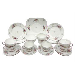 Shelley Wild Flowers pattern tea service for six, comprising cups and saucers, dessert plates, cake plate, milk jug and open sucrier