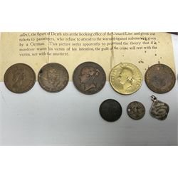 Lusitania replica medal, boxed and various coins including King George VI 1951 Festival of Britain crown, United States of America 1844 one cent and 1850 half dime, Queen Victoria States of Jersey 1844 one thirteenth of a shilling, etc