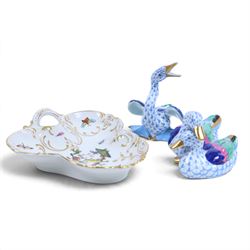 Herend, Hungary - Pair of ducks in blue fishnet decoration, together with goose in the sam...