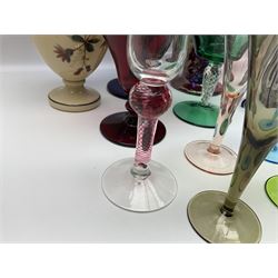 Victorian, Art Deco and later glassware, to include glass bud vase, with blue glass trail overlay and hallmarked silver collar, set of five coloured wine glasses, tankard with etched floral decoration, green glass bon bon dish with cover, and wine glass with red air twist stem together with an Art Deco lustre jug and costume brooch, etc 