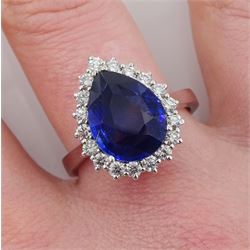 18ct white gold fine pear shaped Ceylon sapphire and round brilliant cut diamond cluster ring, hallmarked, sapphire approx 3.65 carat