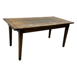 Late 20th century oak farmhouse table, rectangular plank top with breadboard ends and frieze drawer, on square tapered supports