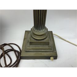 Victorian brass oil lamp converted to electricity, the square stepped base with a reeded doric column leading to a cut clear glass reservoir and burner and spherical shade with printed bird decoration, together with another similar shade and oil lamp parts and accessories etc