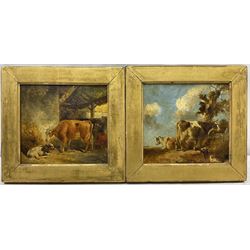 Attrib. Thomas Sidney Cooper (British 1803-1902): Cattle in Barn and Landscape settings, pair oils on board unsigned 17cm x 18.5cm (2)