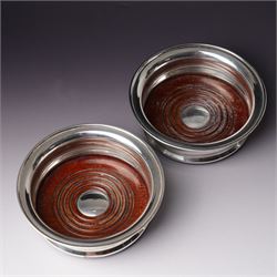 Pair of silver bottle coasters with turned wooden bases D13.5cm Birmingham 1969 Maker Bark...