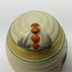 Clarice Cliff for Newport Pottery honey pot, modelled as a beehive and painted in the Crocus pattern, the lift off lid with bee finial, with green printed mark beneath, H9.5cm
