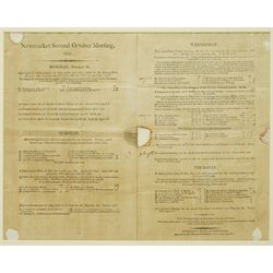Double page handbill for Newmarket Second October Meeting 1802' printed by Robert Rogers 31cm x 40cm, another 'Newmarket Craven Meeting April 1803' and a single sheet handbill for York Races May 1798 in one frame 45cm x 117cm
 
Provenance: property of a Nobleman