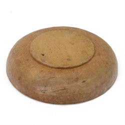 Rabbitman - circular tooled oak fruit bowl, carved with rabbit signature, by Peter Heap, Wetwang
