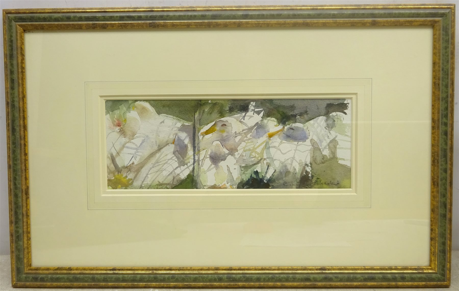 Richard Pikesley (British 1951): 'A Cage of Ducks', watercolour signed, titled verso on Richard Haegen, Broadway gallery label verso 11cm x 30cm