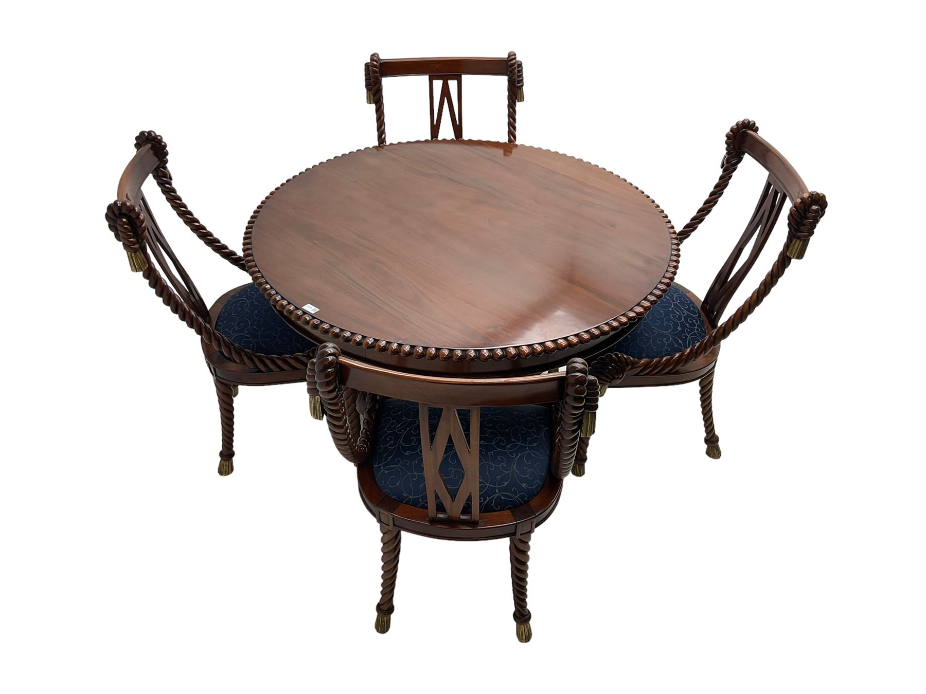 Regency style dining set - the table with circular tilt-top on turned and carved column, concaved triangular platform with three scroll carved feet, together with set four rope twist dining chairs with upholstered drop in seats