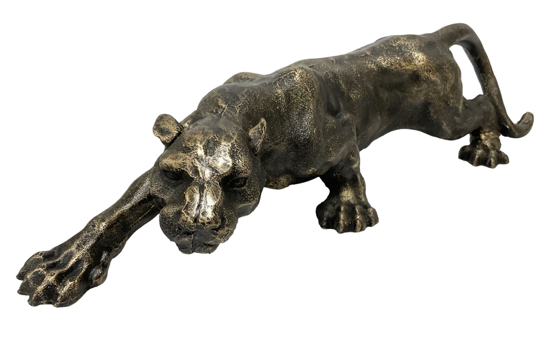 Cast metal figure modelled as a cougar in crouching pose, L40cm