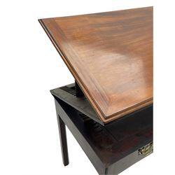 George III mahogany architect's table, adjustable double-hinged moulded rectangular top, the front pulls to reveal drawer with baize lining and separate supports, on square chamfered supports with outer moulded edge
