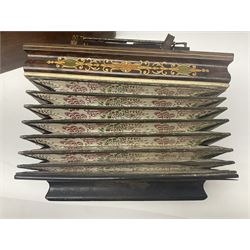 19th Century inlaid rosewood Flutina accordion, stamped Busson of Paris, having sixteen mother of pearl keys and six fold floral decorated bellows L30cm; in baize lined mahogany box