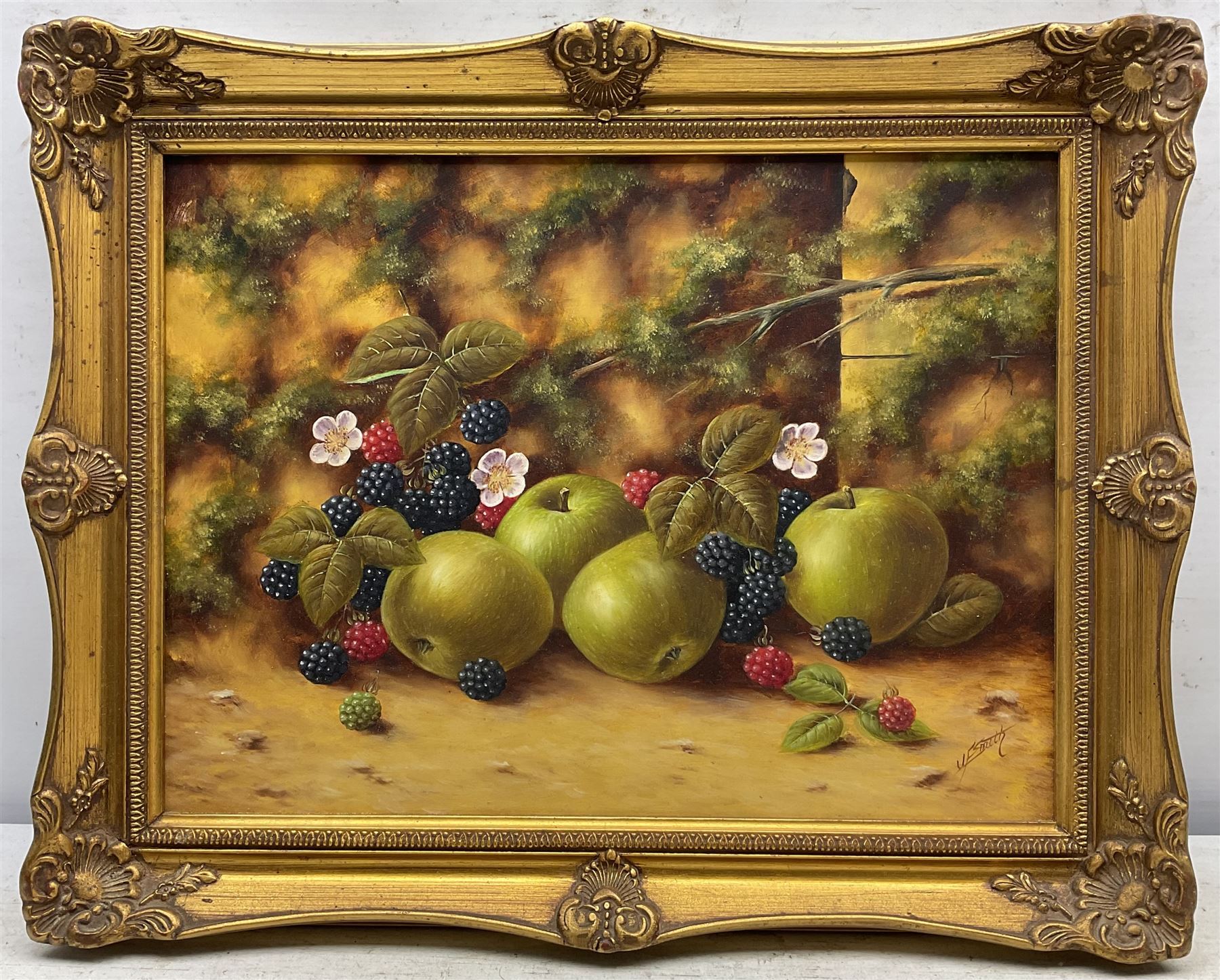 John F Smith (British 1934-): Still Life of Fruit, oil on board signed 30cm x 40cm 
Notes: Smith was employed by Royal Worcester as a fruit painter between 1950 and 1971.