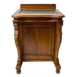 Victorian style hardwood Davenport, raised pen compartment over slop top with leather inset, four drawers to left-hand side, serpentine supports carved with flower heads