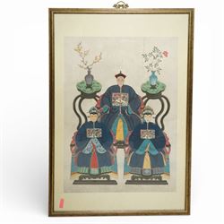 Chinese School (Late Qing Dynasty): Ancestral Family Portrait - each sitter wearing a fifth-rank silver pheasant Mandarin Square or 'Buzi', gouache on paper, 120cm x 85cm