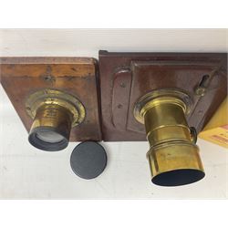 Selection of Brass Camera Lenses, to include Ross London lens 8 1/2 x 6 1/2, Beck Symmetrical lens, etc together with lens holders 