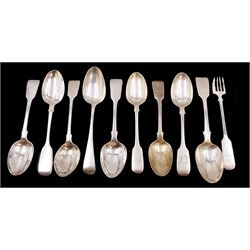 Collection of Victorian silver flatware, comprising eight Fiddle pattern examples, an Old English pattern example and a Fiddle pattern cake fork, all hallmarked, with varying maker's including Chawner & Co and Holland, Son & Slater, dated between 1839 and 1882