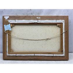 Mary Wastie (Cornish 1935-): Rocky Seascape near Pendeen, oil on canvas signed 39cm x 65cm 