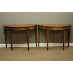  Pair Georgian style figured mahogany demi-lune side tables with wide rosewood and satinwood crossbanding, square tapering supports with spade feet, top inlaid with half fan, W144cm, H80cm, D49cm  