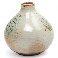 Poole pottery 'Atlantis' vase by Jenny Haigh with brown speckled decoration on a beige and brown ground signed and numbered A5/1 H9cm and a Cobridge stoneware vase with plum coloured drip glaze H23cm date code 2002 (2) 