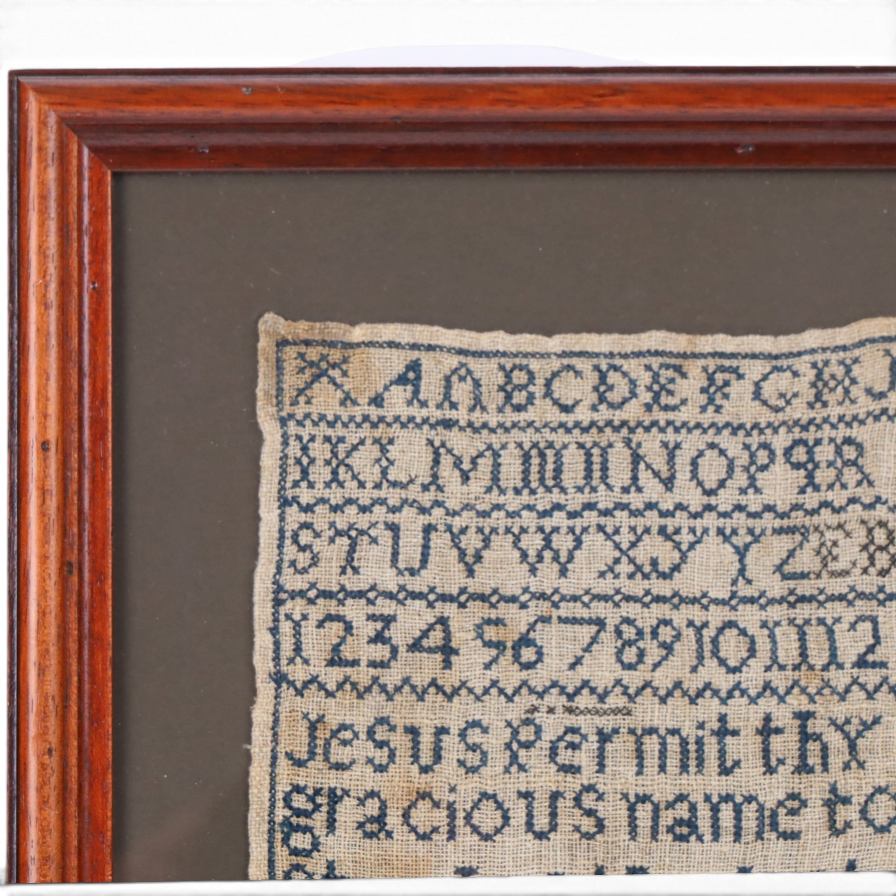 19th century sampler, by Mary Winfield aged 13 years, 1809, alphabet and verse, framed, H54cm 
