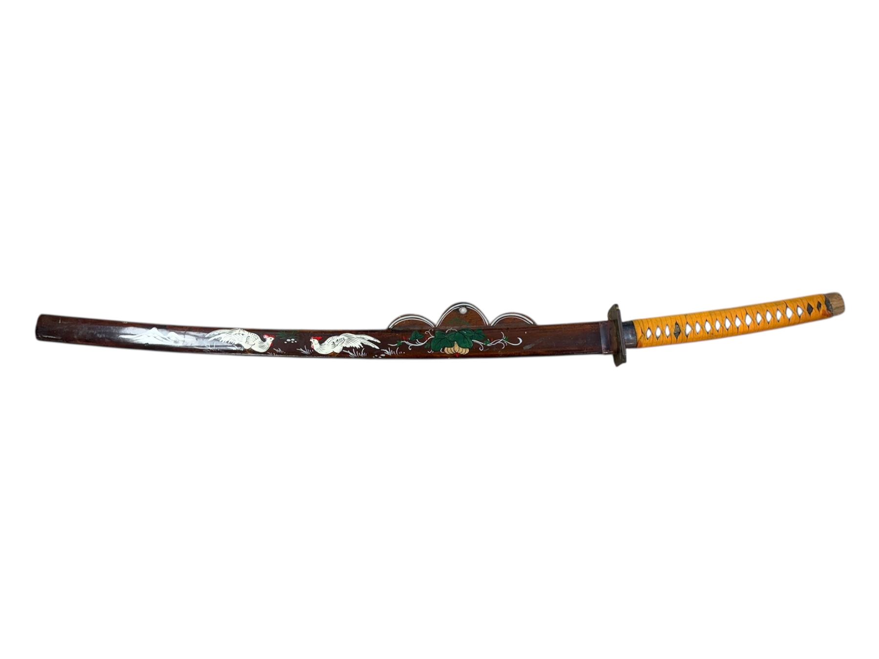 Japanese Katana, the tsuba decorated with flowers and birds, the scabbard with enamel decoration, blade L73cm, overall L105cm