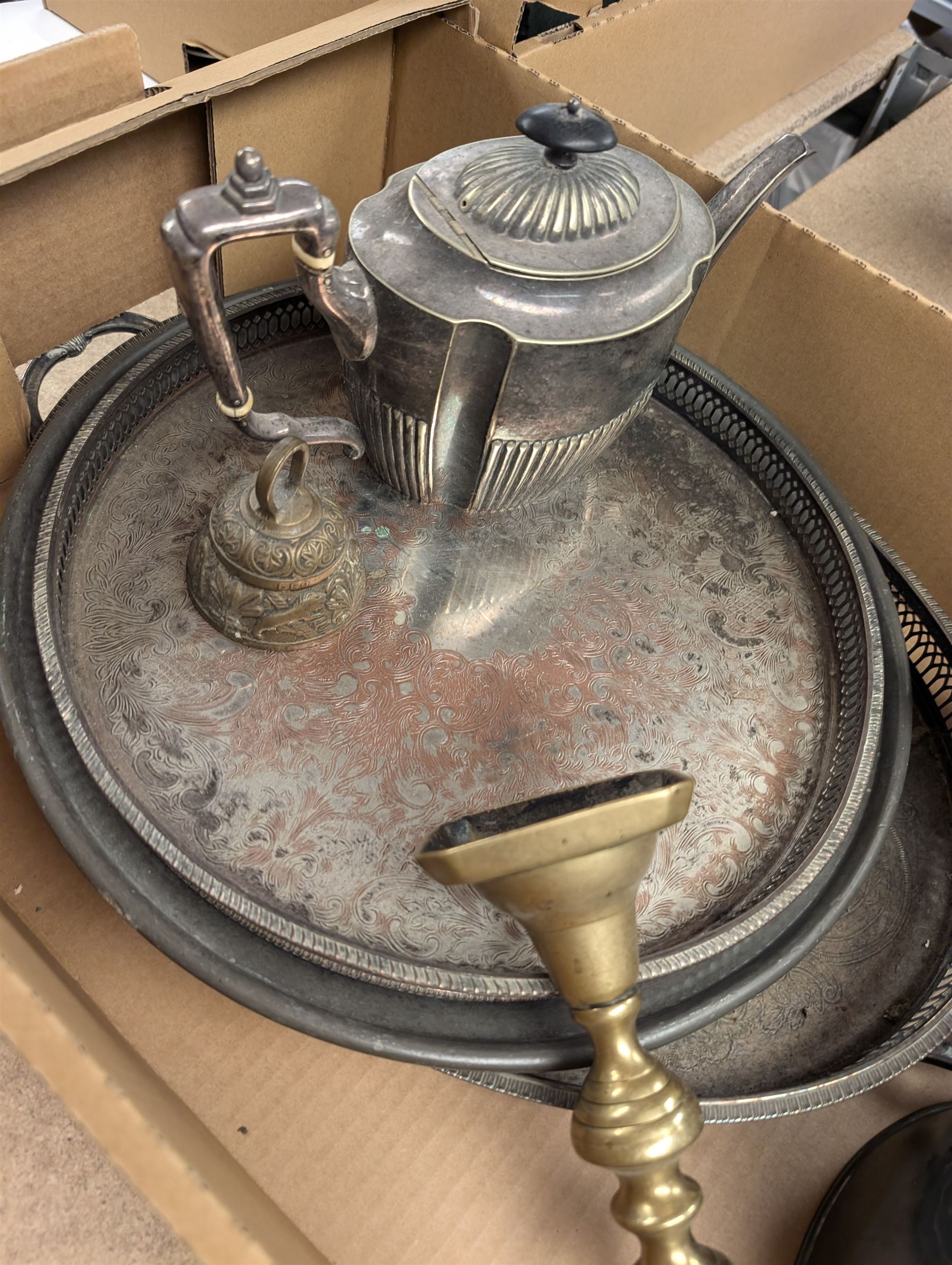 Two copper bed warming pans, silver plated teapot, mother of pearl inlaid tray and other metal ware