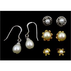 Two pairs of 9ct gold pearl stud earrings and two pairs of silver pearl earrings, stamped or hallmarked