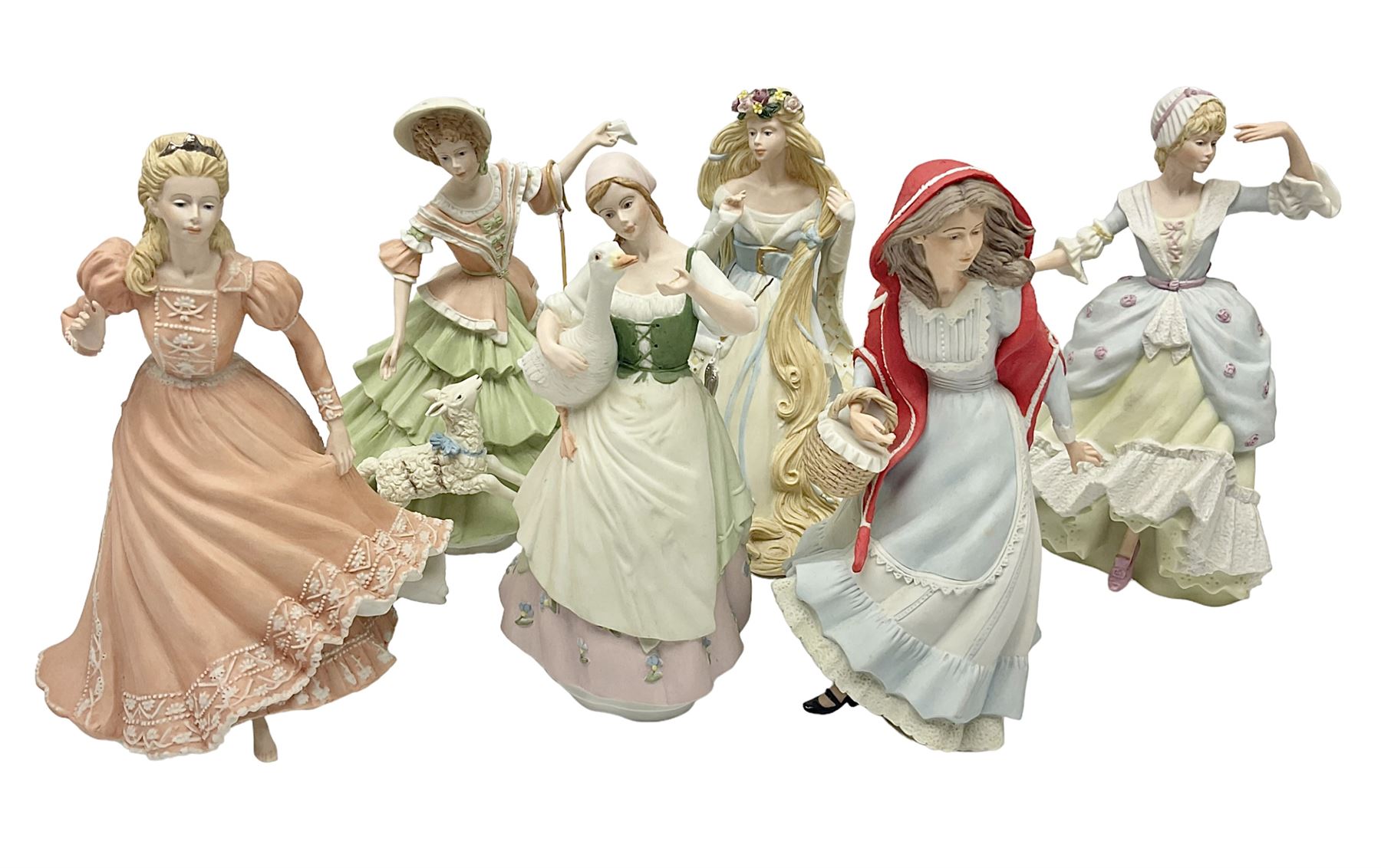 Collection of six Wedgwood Danbury Mint fairy tale figures, comprising Cinderella, Red Riding Hood, Little Bo Peep, Mary had a Little Lamb, Goose Girl and Rapunzel