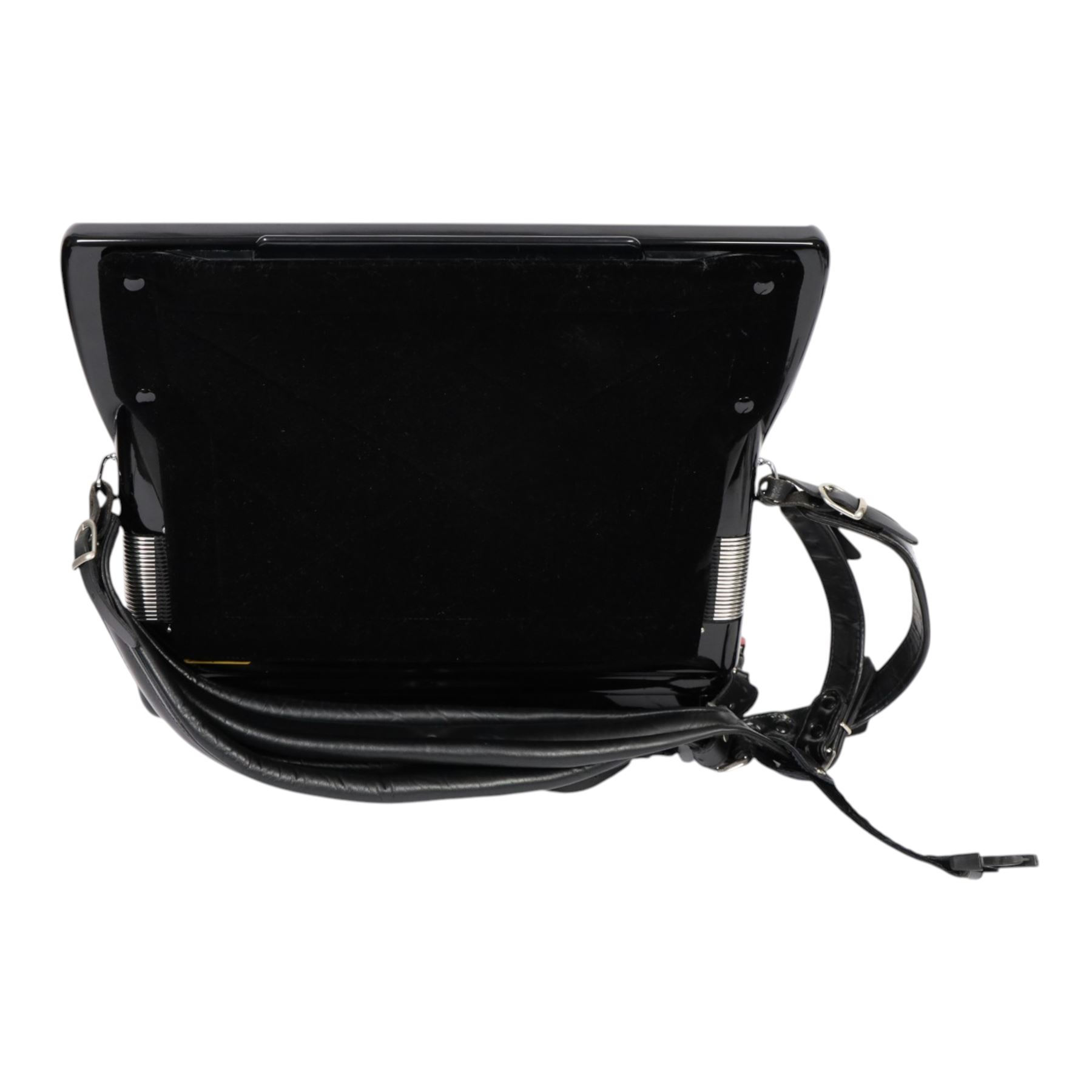 Vignoni Philharmonic II basso piano accordion, with 41 keys, possibly a custom model,  the black high gloss case with carrying strap and in fitted case with grey faux fur interior