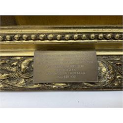 Roland F. Spencer Ford (1902 - 1990), oil painting on canvas, half length portrait of Raich Carter, standing dressed in Hull City kit, the Hull town crest in the background surrounded by the names Hull City A.F.C., Sunderland, Derby County and England, bears label verso from the studio of the artist in Newstead Street, Hull with original price of £75, signed, 59.5 x 49.5cm, gilt frame with metal plaque inscribed ' Presented by the Management Committee/of the Hull City Supporters Clubs/as a mark of esteem and appreciation/for services rendered to/Hull City A.F.C./and to football in general/October 1952'. Provenance: By direct descent from the family of Raich Carter having been consigned by his daughter Jane Carter.