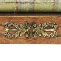  19th century scumbled oak chaise longue upholstered in tartan fabric, swept frame with gilt mounts, studded border with loose base cushion, raised on turned bobbin supports terminating brass castors
